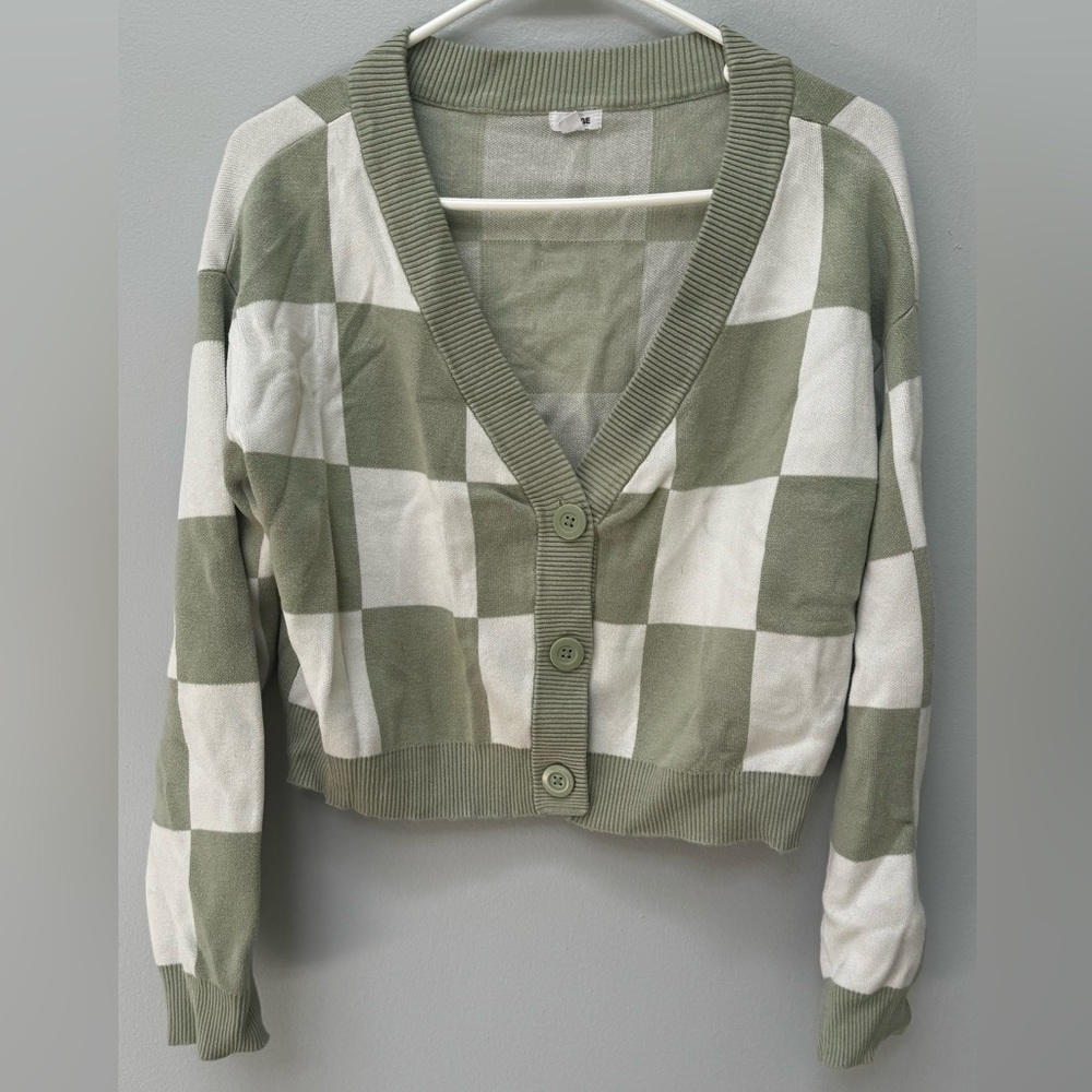 Garage Green and White Checkered Cardigan in Small